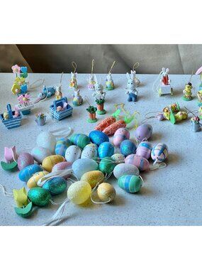 Easter Ornaments & Decor Bunnies Chicks Eggs Birdhouse Baskets Carrots Tulips